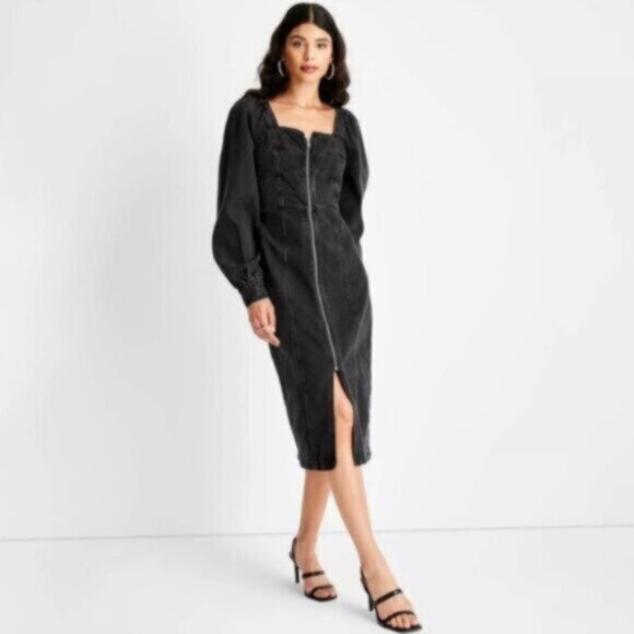 Future Collective Dresses & Skirts - Future Collective Vintage Inspired Black Long Puff Sleeve Square Neck Midi Dress